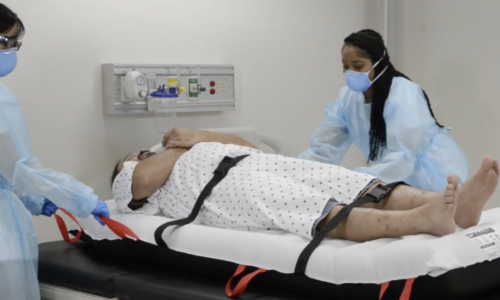 Two caregivers can easily reposition or transfer a patient