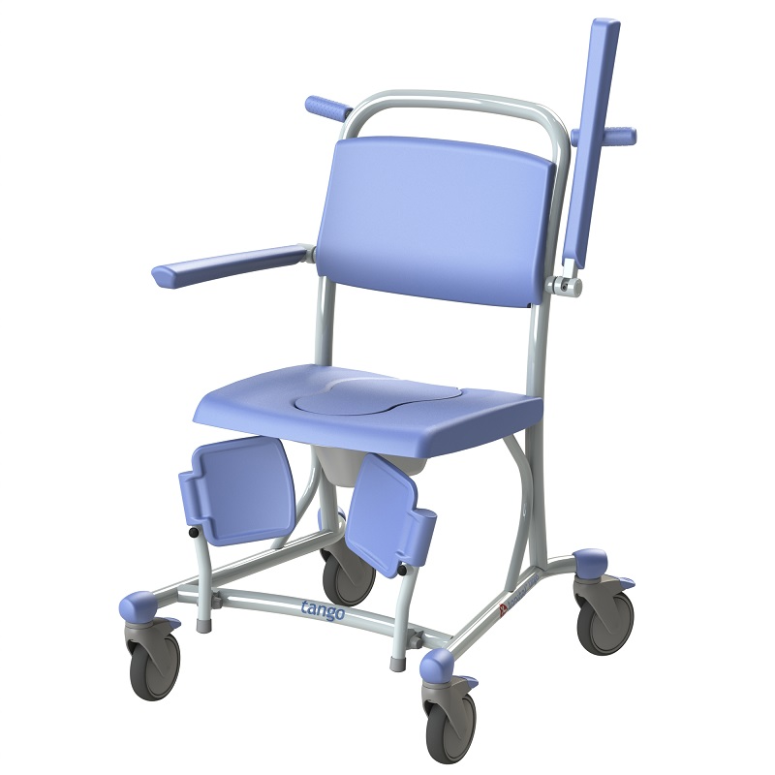 Tango Shower Toilet Chair with footrests in the upward position for easy transfers